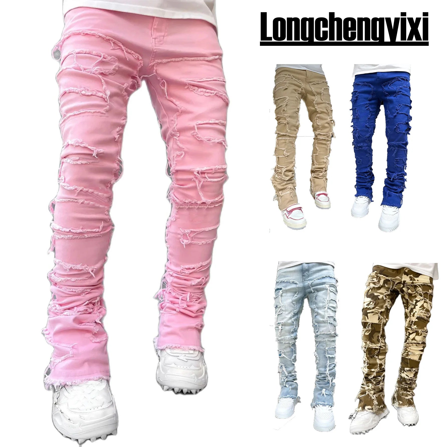 Nuevos pantalones vaqueros de moda para hombre, pantalones de trabajo, ropa de trabajo de moda europea y americana, pantalones acampanados en capas de mezclilla con retales elásticos, S-XXL