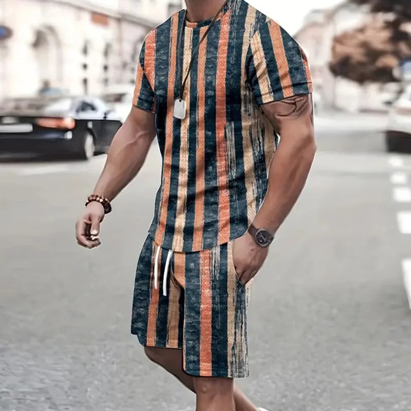 2024 de moda para hombre, ropa deportiva, camiseta de manga corta y pantalones cortos deportivos de verano, traje de retazos Vintage Casual, traje de dos piezas para hombre