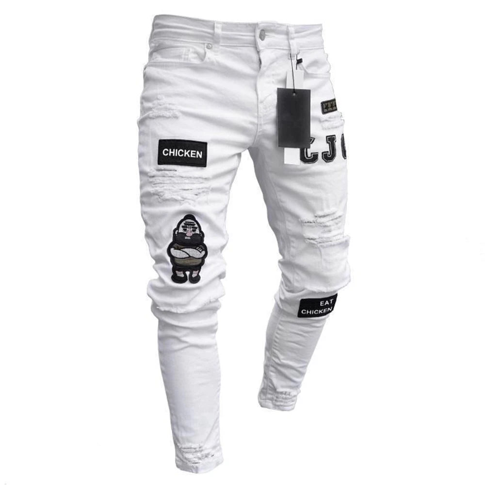 Pantalones Vaqueros Rasgados Hombre Bordado Blanco - Hip Hop