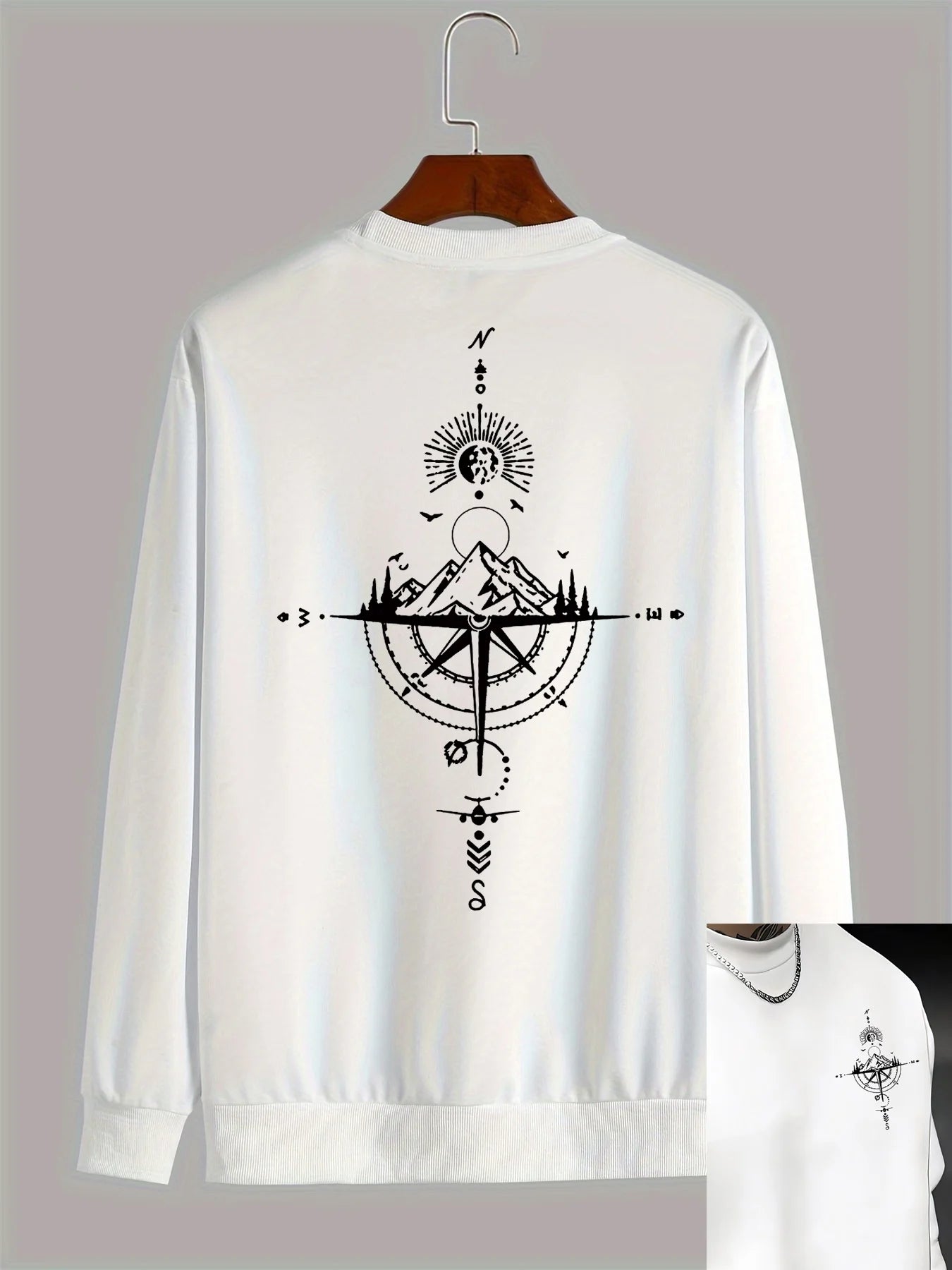 Sudadera holgada informal de otoño e invierno para hombre, sudadera clásica de manga larga con estampado geométrico de montaña y color beige a la moda