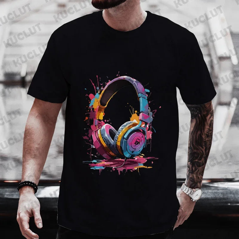 Camiseta de Verano para Hombre, Estilo Hip Hop, con Estampado Gráfico de Auriculares, Ropa Casual Urbana, Divertida, con Estampado Moderno