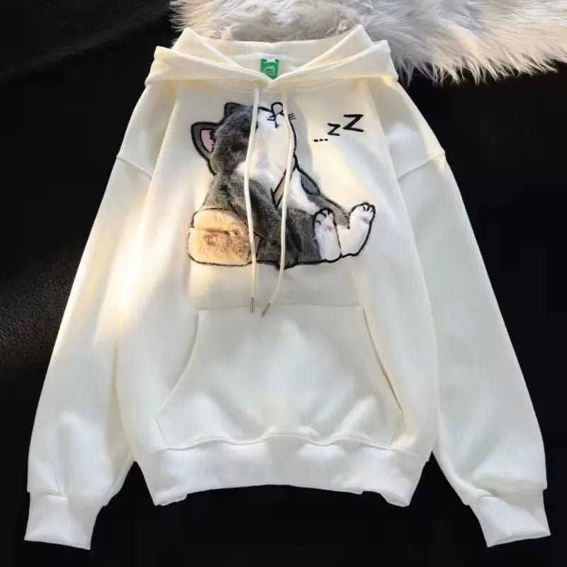 Sudaderas con capucha de retales de gato de dibujos animados con bordado aterciopelado Kawaii japonés, sudadera holgada de calle con bolsillo de canguro grueso, Top que combina con todo