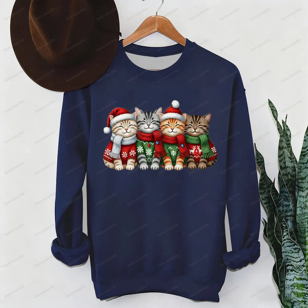 Suéter de mujer con estampado de gatos de Navidad de hilo falso, sudadera de sublimación navideña de gatitos de ganchillo, Sudadera con capucha de regalo de Navidad Kawaii para niña
