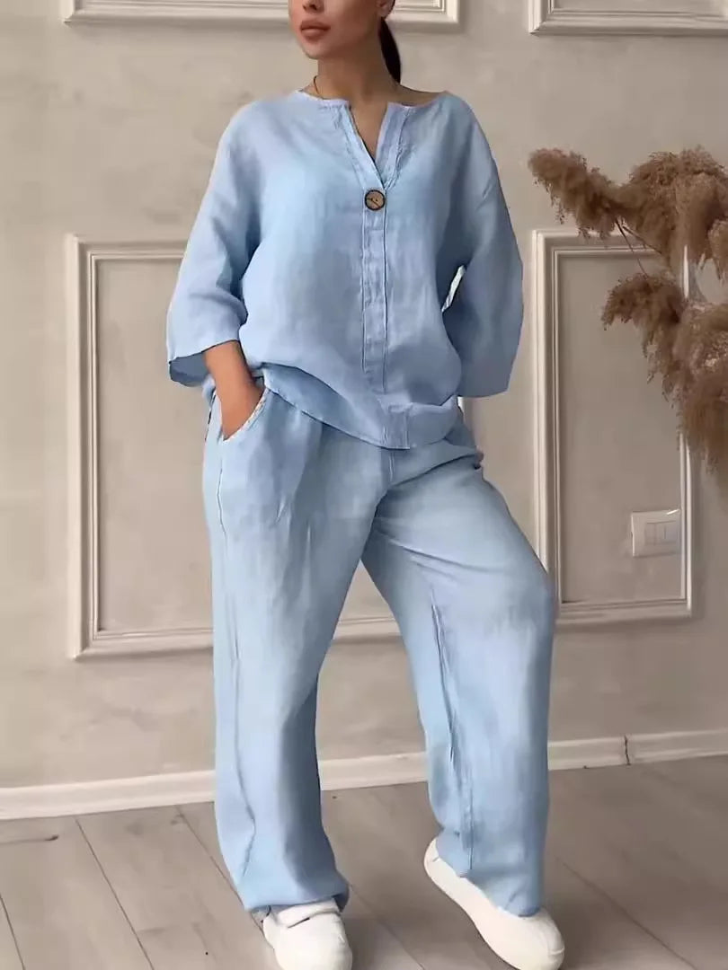 Conjuntos de lino y algodón, dos piezas, venta informal, manga larga, blusa holgada con botones, camisa y pantalones sueltos de pierna ancha de alta elasticidad, trajes NMD-3021