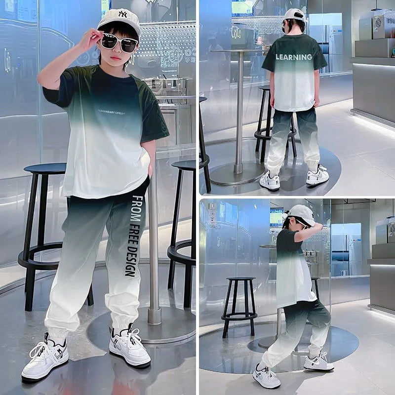 Ropa de verano para niños y adolescentes, traje informal, chándal degradado para niños, camiseta para niños + pantalón con lazo en el tobillo, 4 5 6 7 8 9 10 12 años, 2025