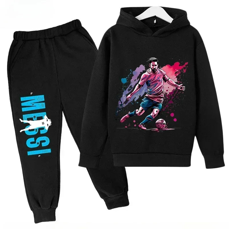 Conjunto deportivo para niños de primavera y otoño, traje con capucha y pantalones con estampado de Messi, conjunto de 2 uds., ropa para niños y niñas, chándal informal de moda