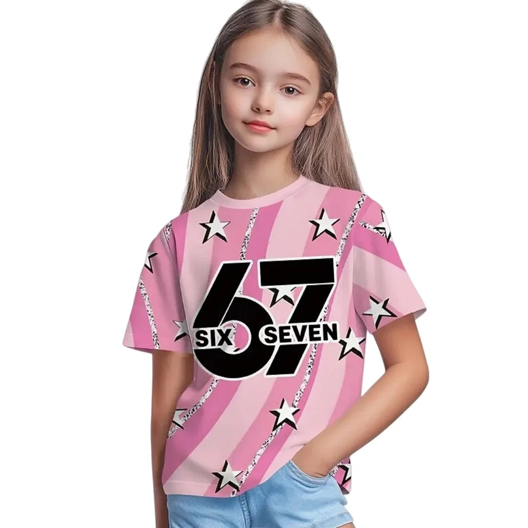 Nueva camiseta 67 Meme para niños y niñas, camisetas de manga corta con estampado 3D de tinta salpicada a la moda para niñas, Top de cuello redondo, ropa holgada para niños
