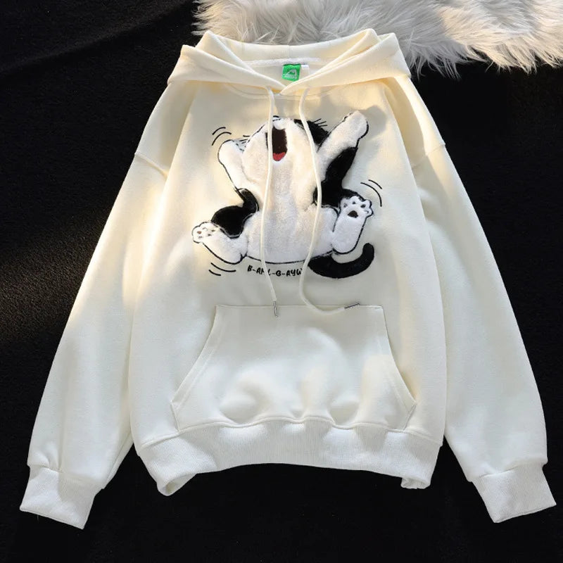 Sudaderas con capucha de retales de gato de dibujos animados con bordado aterciopelado Kawaii japonés, sudadera holgada de calle con bolsillo de canguro grueso, Top que combina con todo
