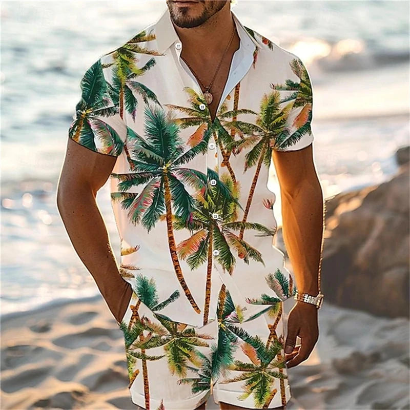 Camisa de manga corta de estilo de vacaciones de playa, conjunto de 2 piezas con estampado de árbol de coco de verano, camisa de un solo botonadura y pantalones cortos con cordón