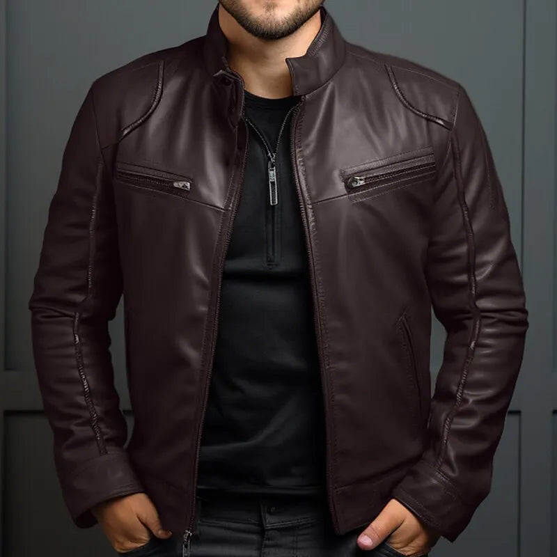 Chaqueta informal de cuero PU para hombre, estilo Punk, cuello con cremallera, multicremallera, ropa de calle de estilo motero más baja a la moda