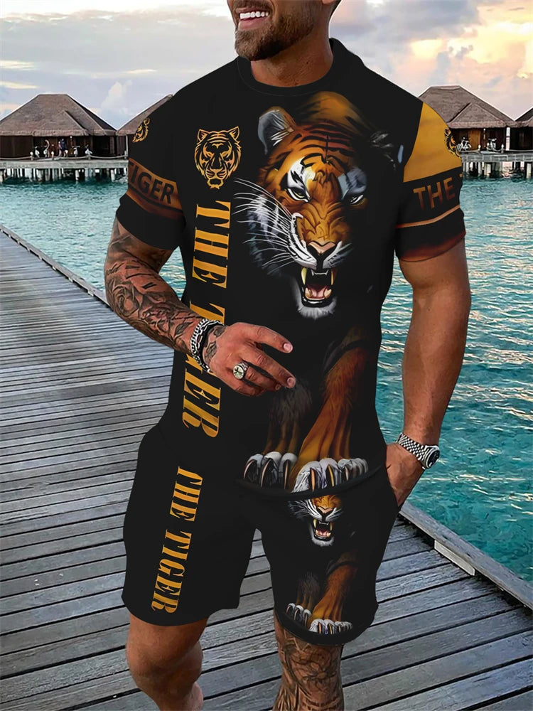 Conjunto de dos piezas de verano para hombre, camiseta de manga corta con cuello redondo y pantalones cortos con cordón, estampado 3D de León Animal, conjunto atlético transpirable para exteriores