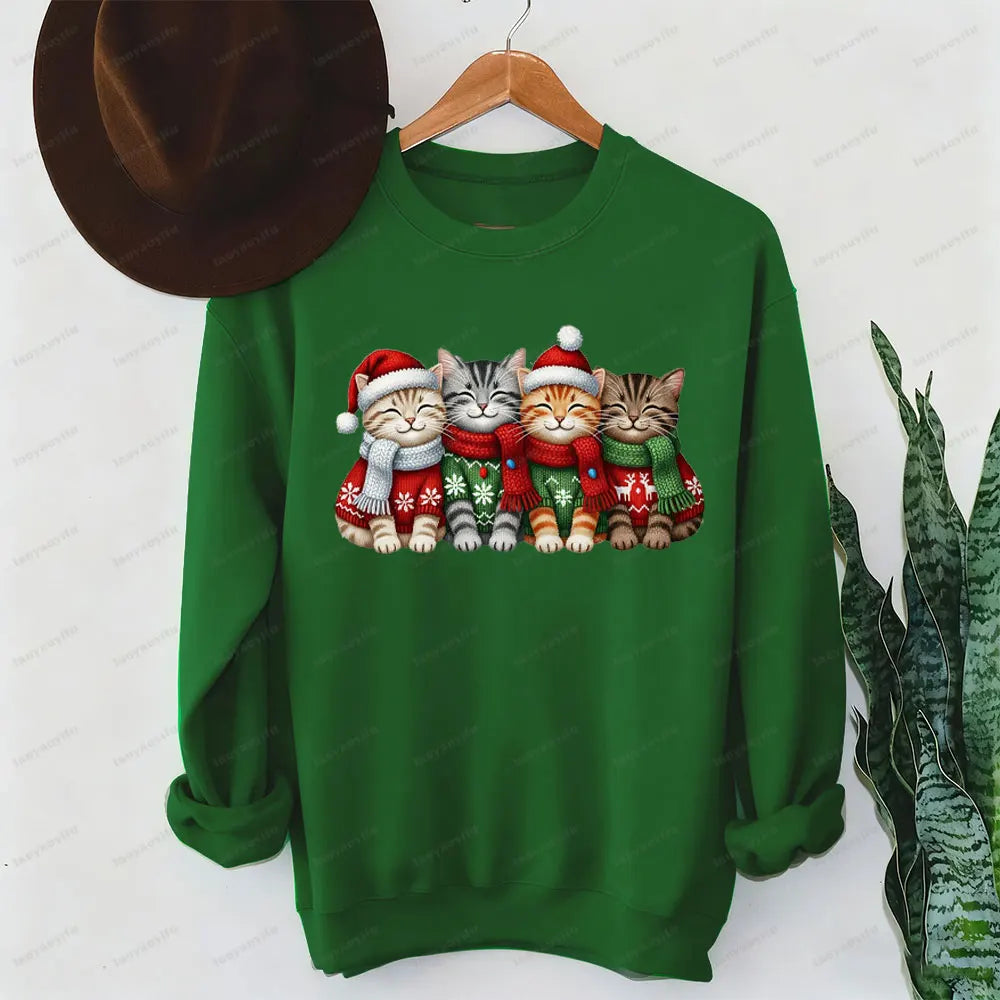 Suéter de mujer con estampado de gatos de Navidad de hilo falso, sudadera de sublimación navideña de gatitos de ganchillo, Sudadera con capucha de regalo de Navidad Kawaii para niña