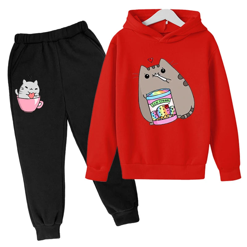 Sudadera con capucha con estampado de gato de Nutella para niños, ropa divertida para niñas y niños, conjuntos de ropa Harajuku Kawaii para niños, Invierno