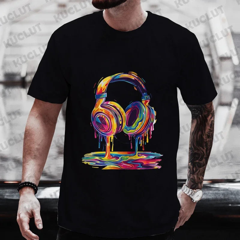 Camiseta de Verano para Hombre, Estilo Hip Hop, con Estampado Gráfico de Auriculares, Ropa Casual Urbana, Divertida, con Estampado Moderno