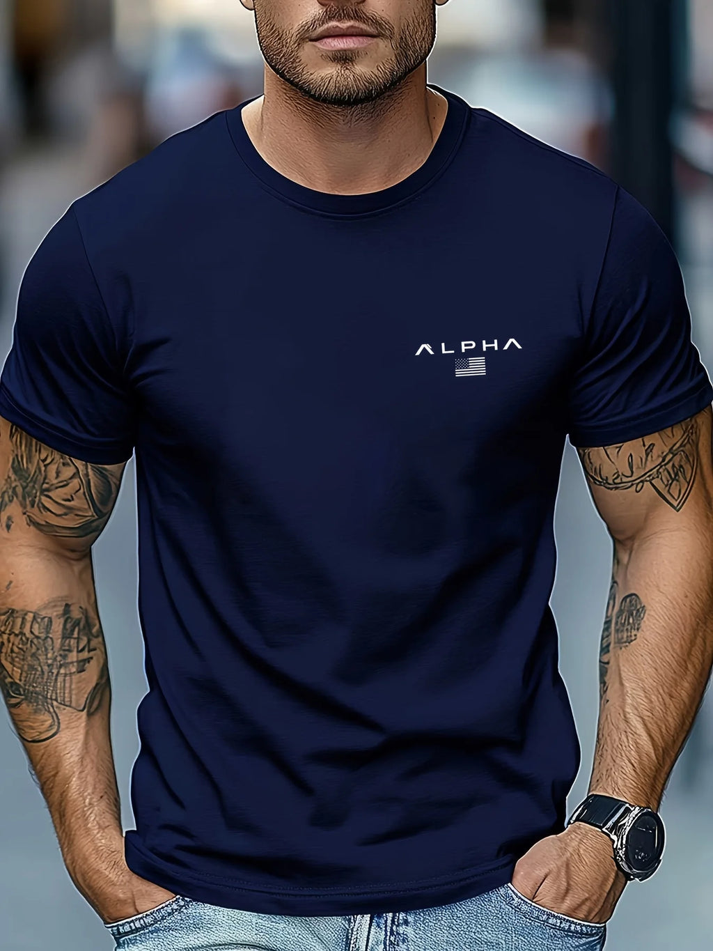 Camiseta de manga corta con cuello redondo y estampado de patrón ALPHA para hombre, 100% de algodón, informal, a la moda, deportiva, holgada, de verano