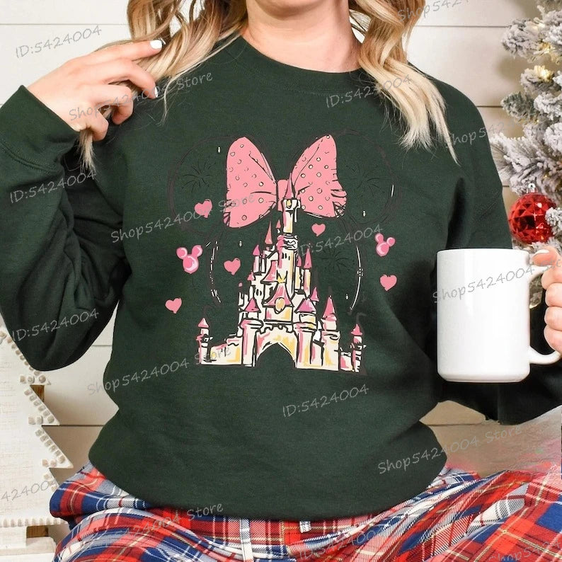 Estética Castillo Minnie sudadera de manga larga cuello redondo Magic Kingdom pulóver dibujos animados Mickey Minnie mujer otoño sudaderas