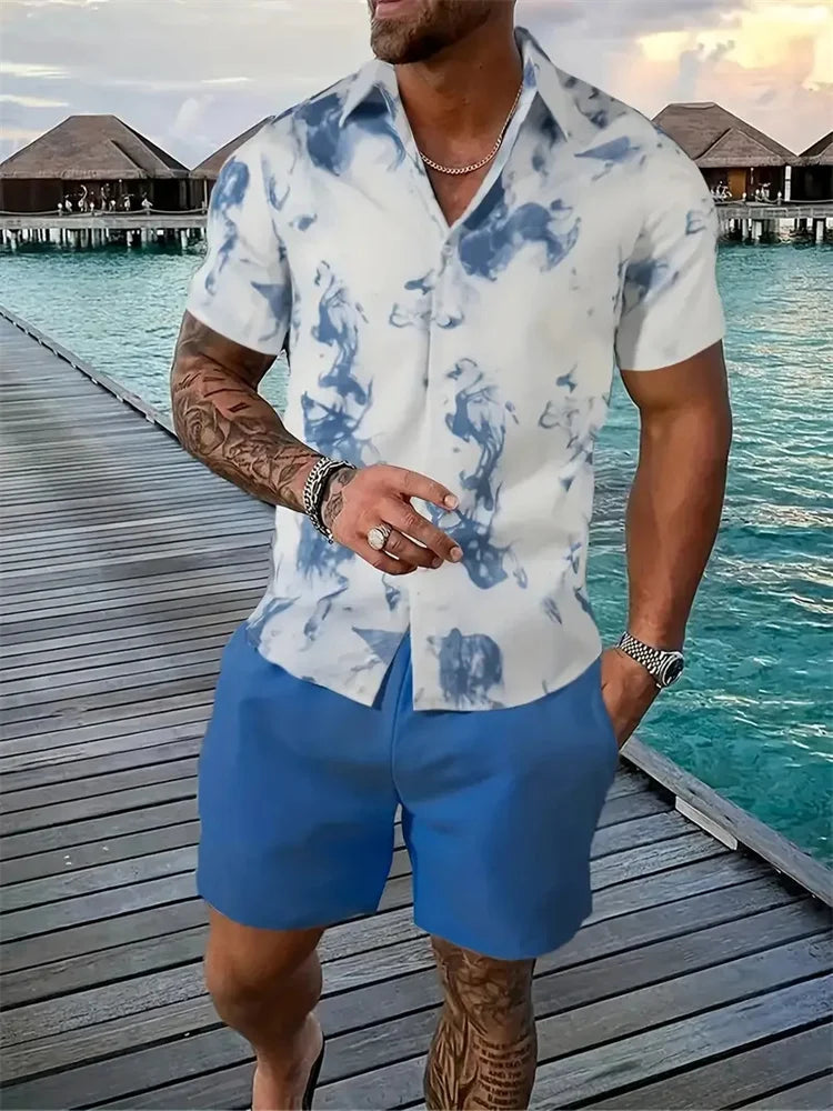 Conjunto Hawaiano Hombre – Camisa Estampada 3D y Pantalón Corto de Playa