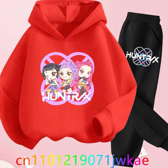 Conjuntos de sudaderas con capucha y pantalones de cazadores de demonios para adolescentes, Sudadera con capucha de película de Anime coreano para niños y niñas, trajes deportivos con capucha de manga larga a la moda