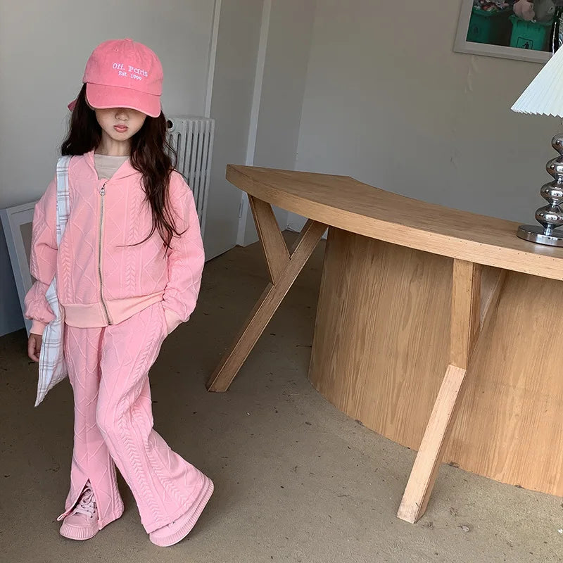 Conjunto de dos piezas para niñas, ropa de otoño, Top corto de punto de manga larga, pantalones acampanados divididos, nuevo estilo coreano