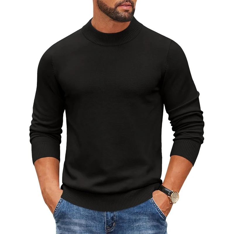 Jersey de punto acanalado con cuello alto simulado para hombre, suéter informal ajustado y pesado, jersey cálido, ropa de calle térmica