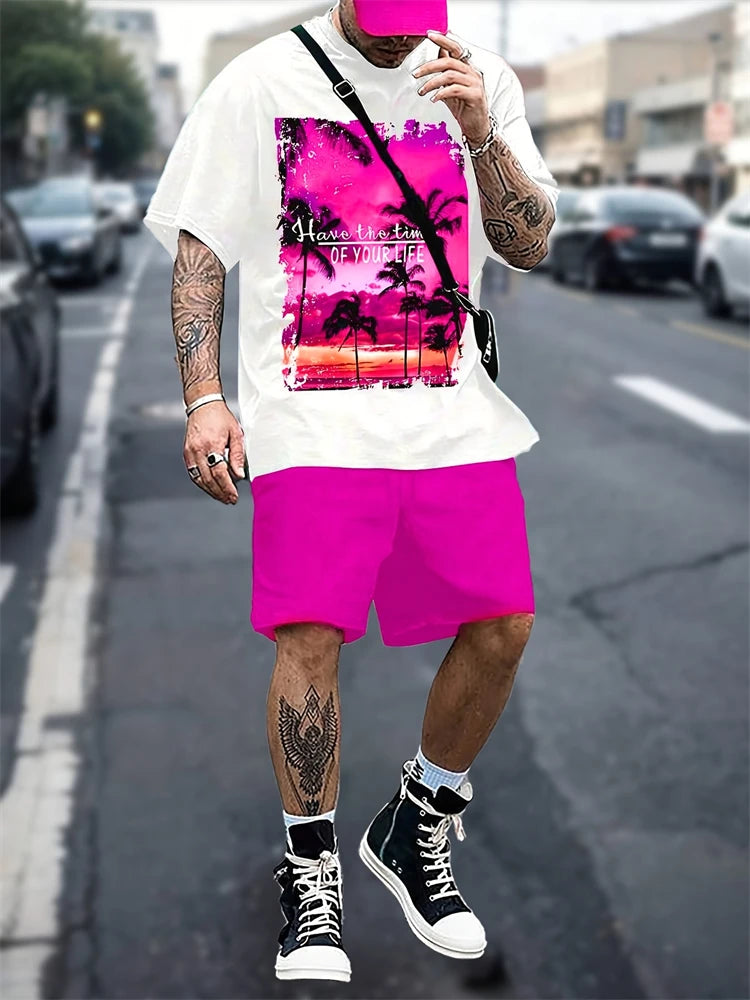 Nuevo traje transpirable de manga corta para deportes al aire libre de verano para hombre, diseño de patrón de letras, conjunto de dos piezas de estilo callejero a la moda de ocio