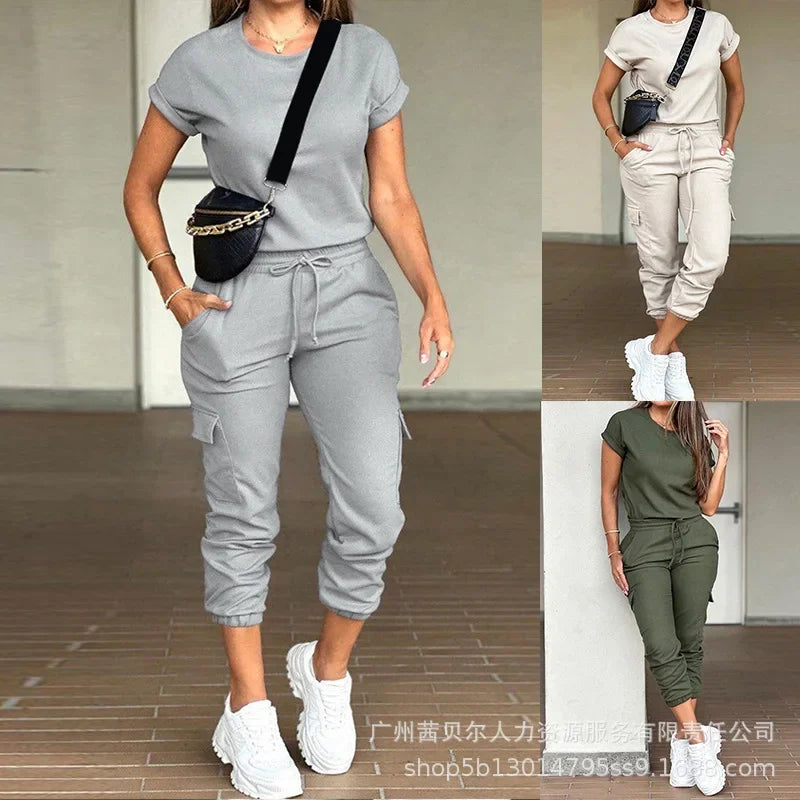 Conjunto de Ropa para Mujer, Color Sólido, Cuello Redondo, Camiseta de Manga Corta, Pantalones Cargo con Múltiples Bolsillos