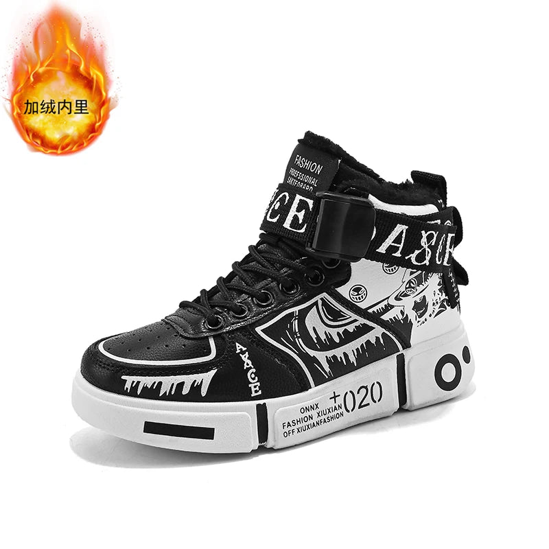 Zapatillas altas para niños 2025 Otoño/Invierno nuevo estilo zapatos deportivos para niños hebilla estudiante zapatos casuales de lana de suela blanda