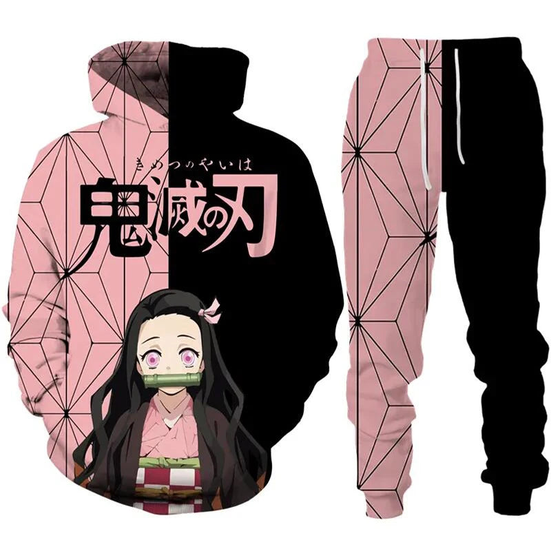 Sudaderas con capucha de Anime Demon Slayer, pantalones de Cosplay con estampado 3D + Sudadera con capucha, conjunto de 2 uds, chándal para hombre, ropa de calle Vintage de gran tamaño, conjuntos de pantalones con capucha