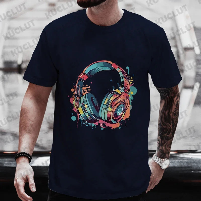Camiseta de Verano para Hombre, Estilo Hip Hop, con Estampado Gráfico de Auriculares, Ropa Casual Urbana, Divertida, con Estampado Moderno