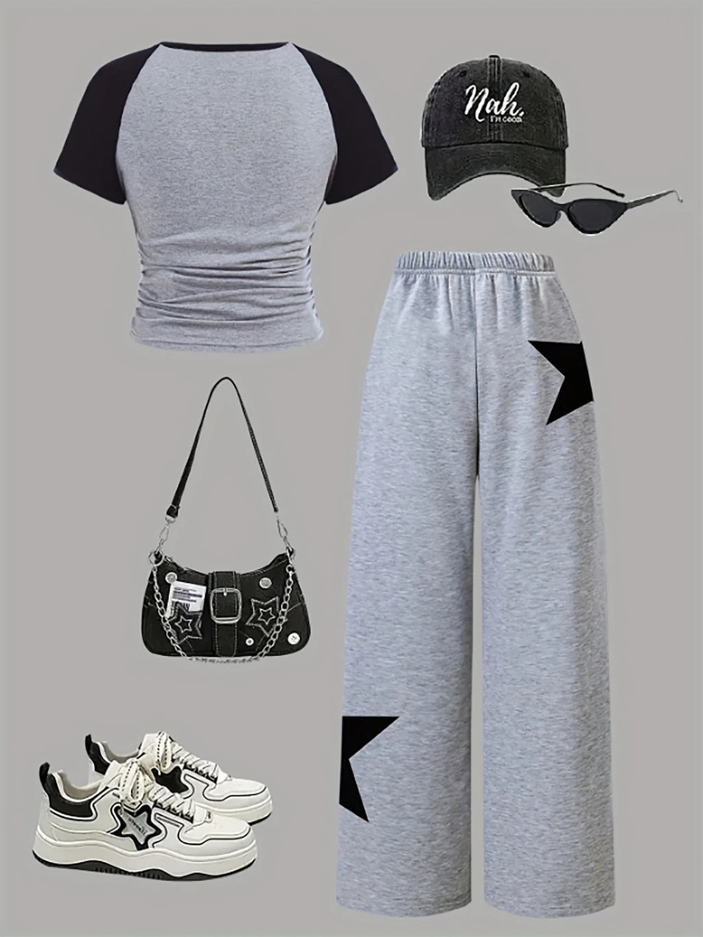 Artículos de moda para niñas, ropa para niñas, conjunto de 2 piezas para niñas, conjunto para el regreso a clases, estampado de estrellas, pantalones deportivos anchos grises, fútbol americano, voleibol, Acción de Graci
