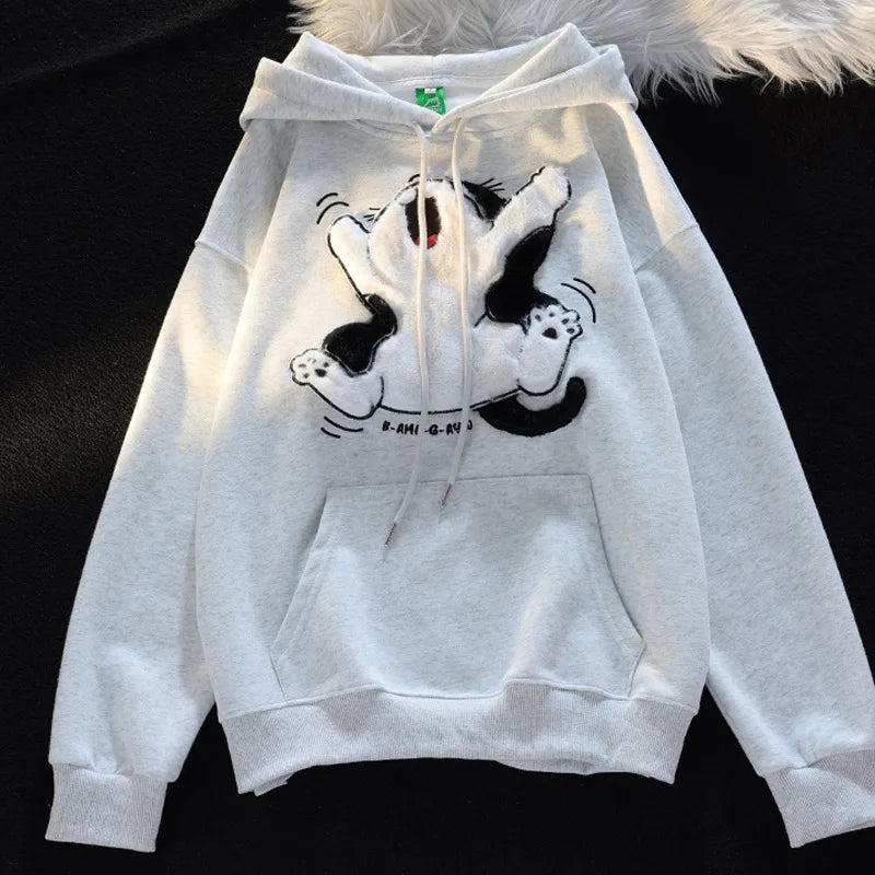 Sudaderas con capucha de retales de gato de dibujos animados con bordado aterciopelado Kawaii japonés, sudadera holgada de calle con bolsillo de canguro grueso, Top que combina con todo