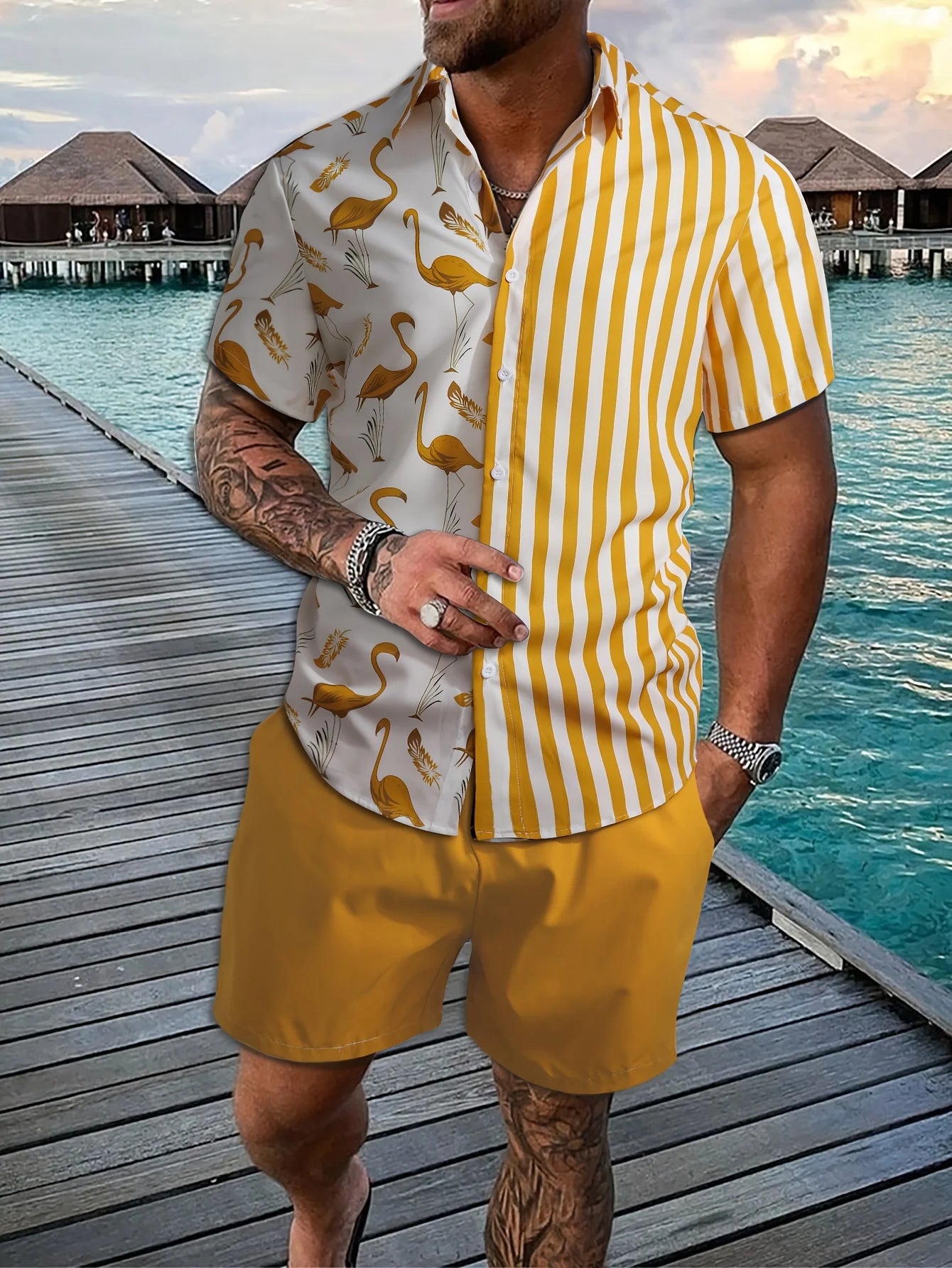 Conjunto Hawaiano Hombre – Camisa Manga Corta y Pantalón Corto de Playa