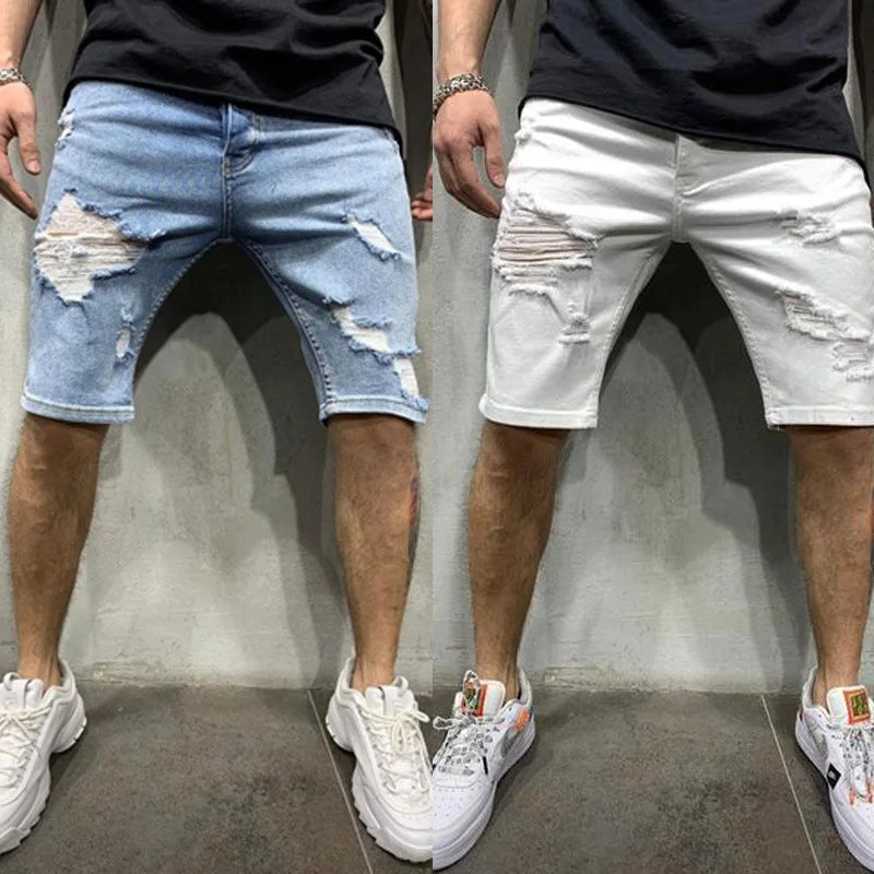 Pantalones cortos vaqueros con borlas rasgadas para hombre, pantalones vaqueros perforados lavables personalizados, pantalones medios informales grandes, novedad de verano 2024