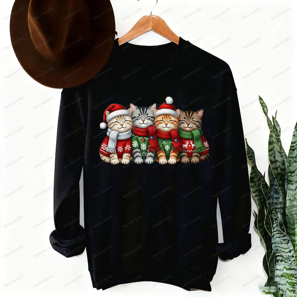 Suéter de mujer con estampado de gatos de Navidad de hilo falso, sudadera de sublimación navideña de gatitos de ganchillo, Sudadera con capucha de regalo de Navidad Kawaii para niña