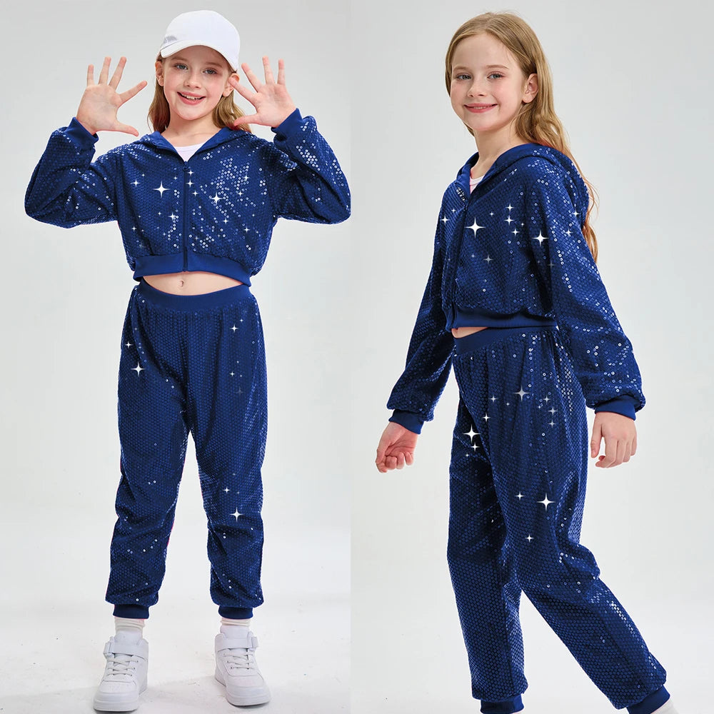 LOlanta-Conjunto de chaqueta y pantalones con capucha para niña, 2 piezas, lentejuelas, ropa de baile de Hip Hop, trajes de fiesta temáticos para niños de 5 a 12 años
