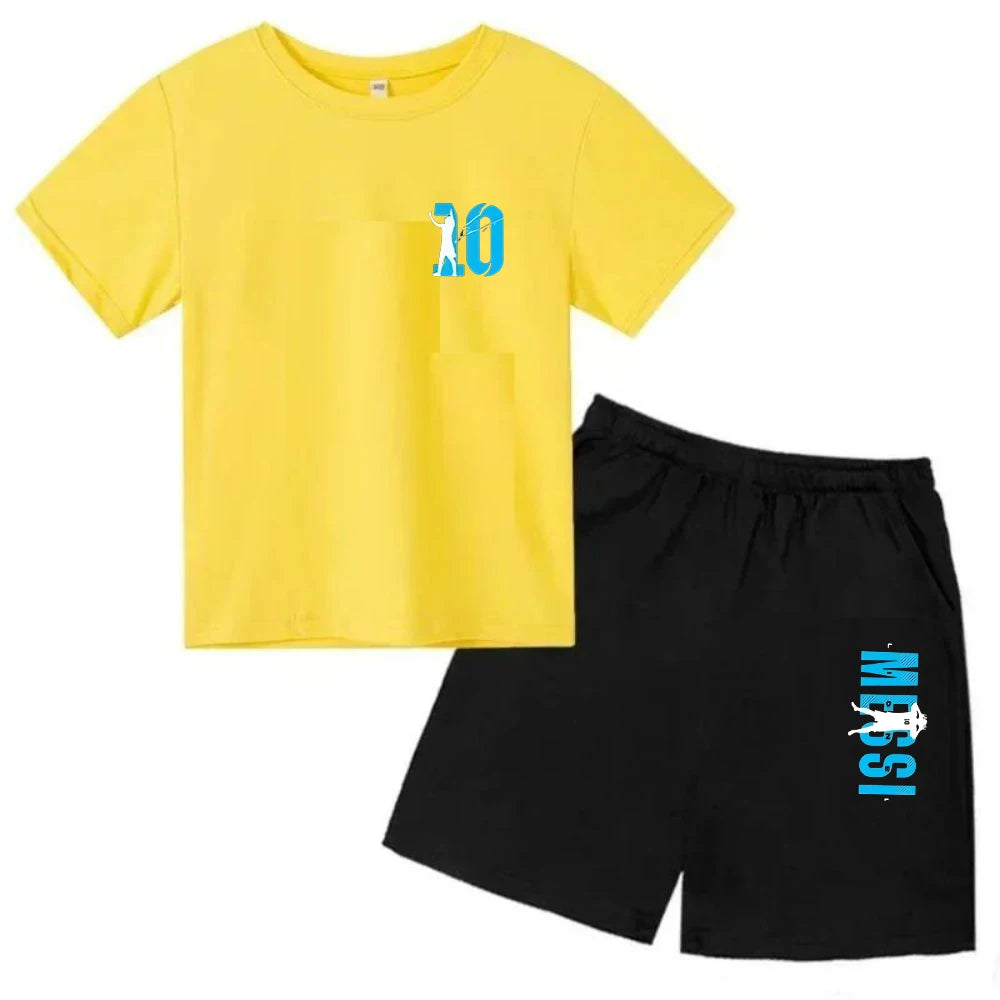 Conjunto de verano para niños, camiseta de manga corta con estampado Messi + Pantalones cortos, conjunto de 2 uds., traje deportivo informal a la moda para niños y niñas, ropa para fanáticos