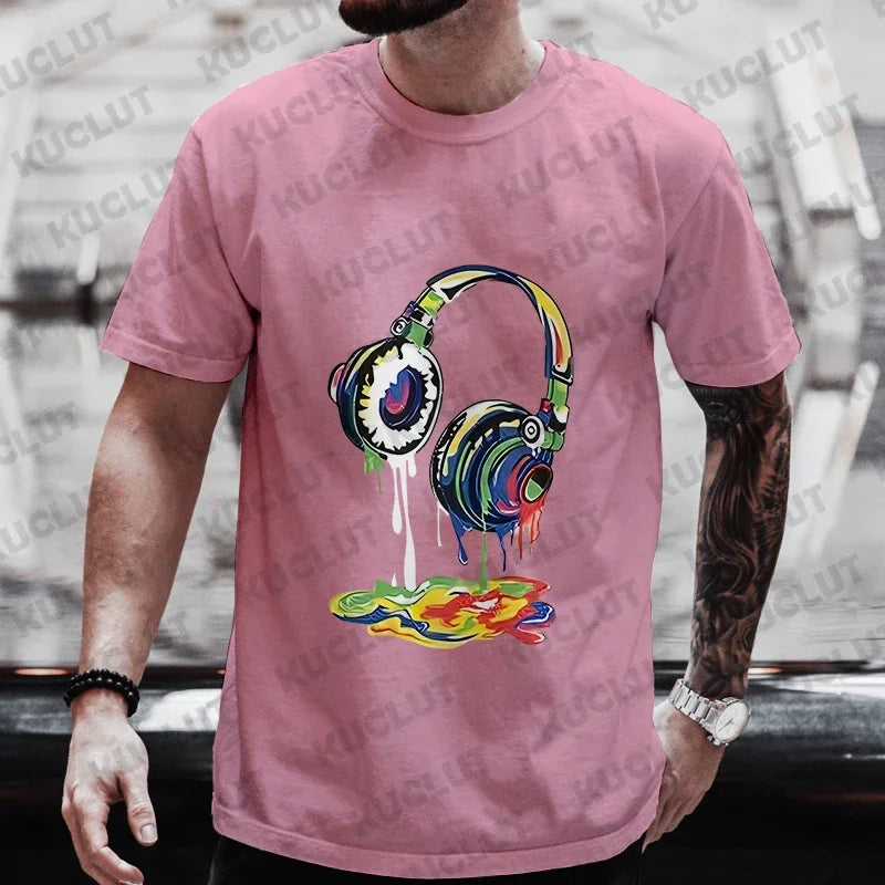 Camiseta de Verano para Hombre, Estilo Hip Hop, con Estampado Gráfico de Auriculares, Ropa Casual Urbana, Divertida, con Estampado Moderno