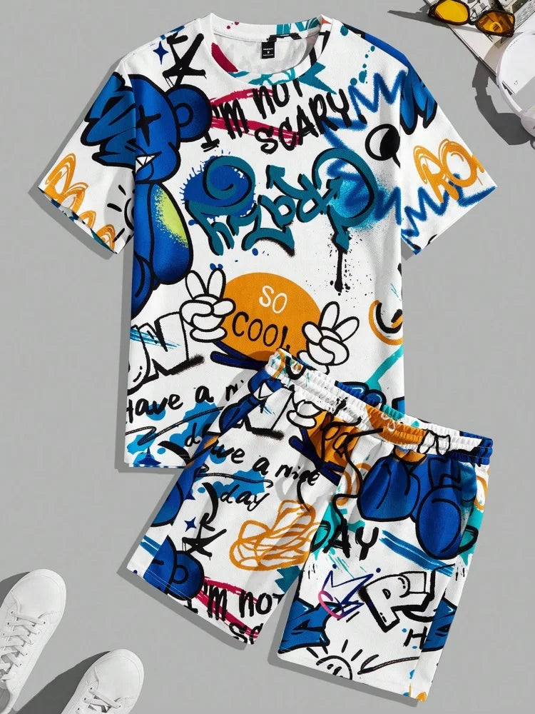 2025 nuevo conjunto de pantalones cortos de manga corta para hombre de verano, pantalones cortos de playa al aire libre para hombre, conjunto de 2 piezas, estampado 3D