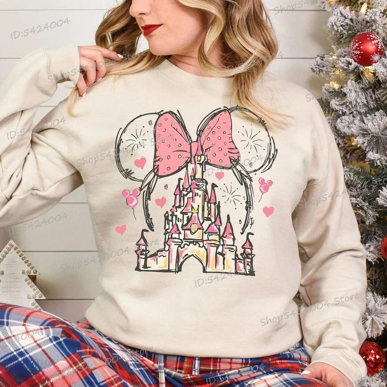 Estética Castillo Minnie sudadera de manga larga cuello redondo Magic Kingdom pulóver dibujos animados Mickey Minnie mujer otoño sudaderas