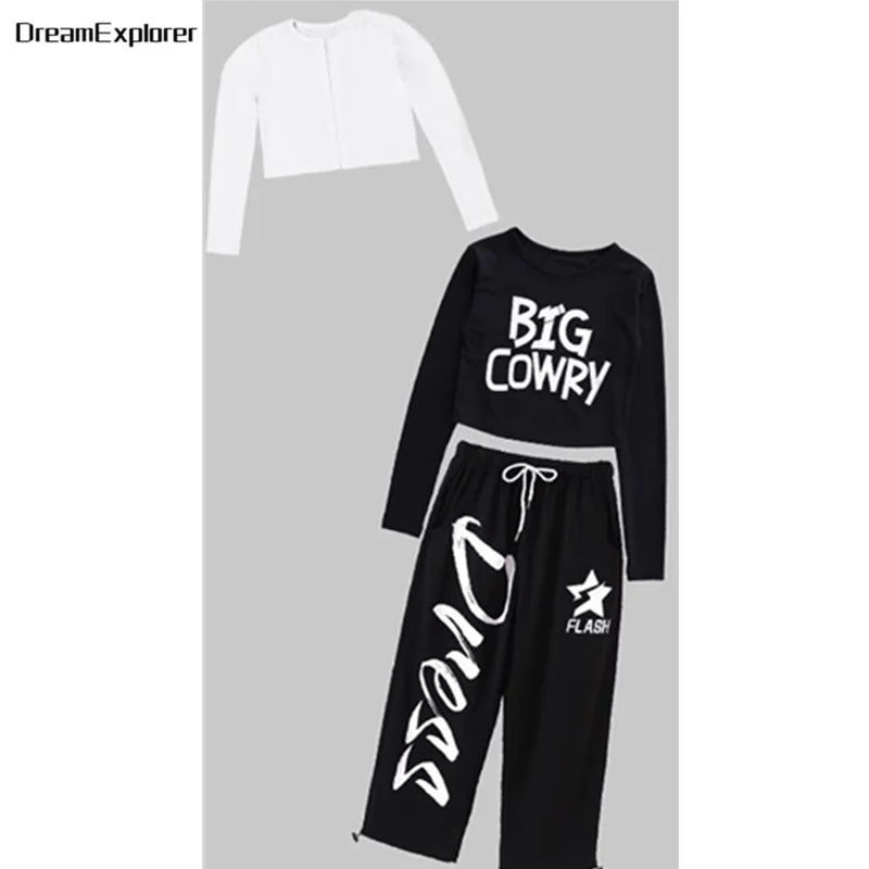 Top corto k-pop para niñas, pantalones deportivos con letras a la moda, conjuntos de ropa de grupo para niñas, ropa informal estilo Hip Hop, disfraces de Jazz para niños