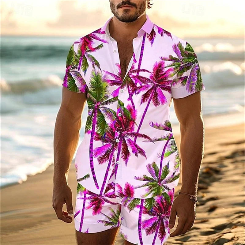 Camisa de manga corta de estilo de vacaciones de playa, conjunto de 2 piezas con estampado de árbol de coco de verano, camisa de un solo botonadura y pantalones cortos con cordón