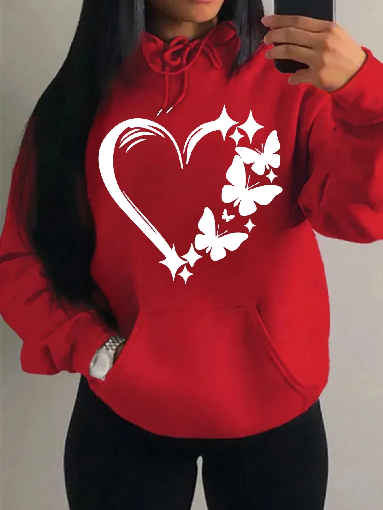 Sudadera con capucha con estampado de amor y mariposa para mujer, moda urbana de Hip Hop, ropa de bolsillo, Sudadera con capucha Retro multicolor