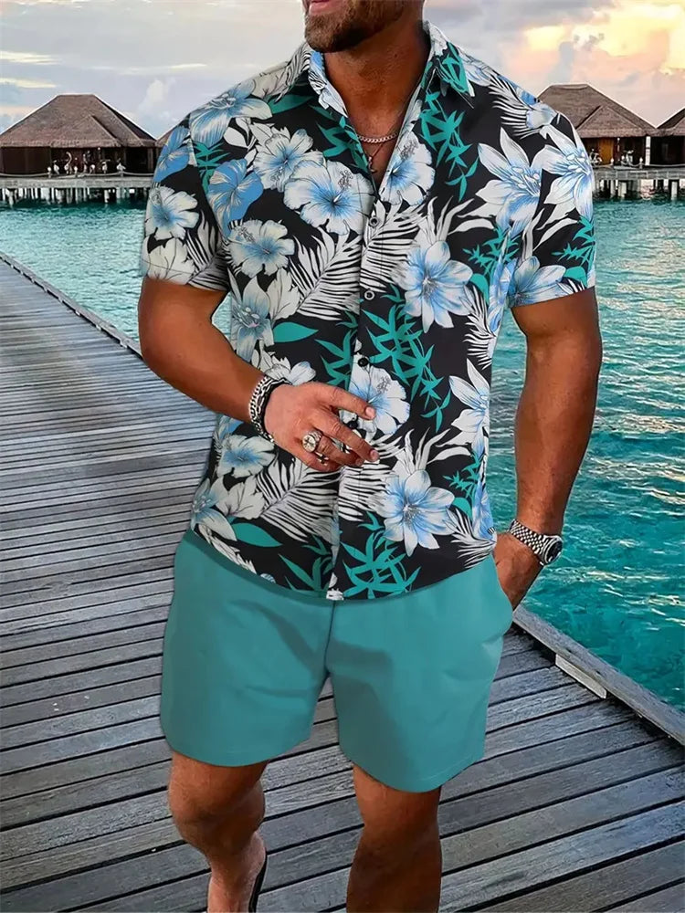 Conjunto Hombre Verano Playa Hawaiano Oversize – Camisa Manga Corta + Shorts Estampado 3D (2 Piezas)
