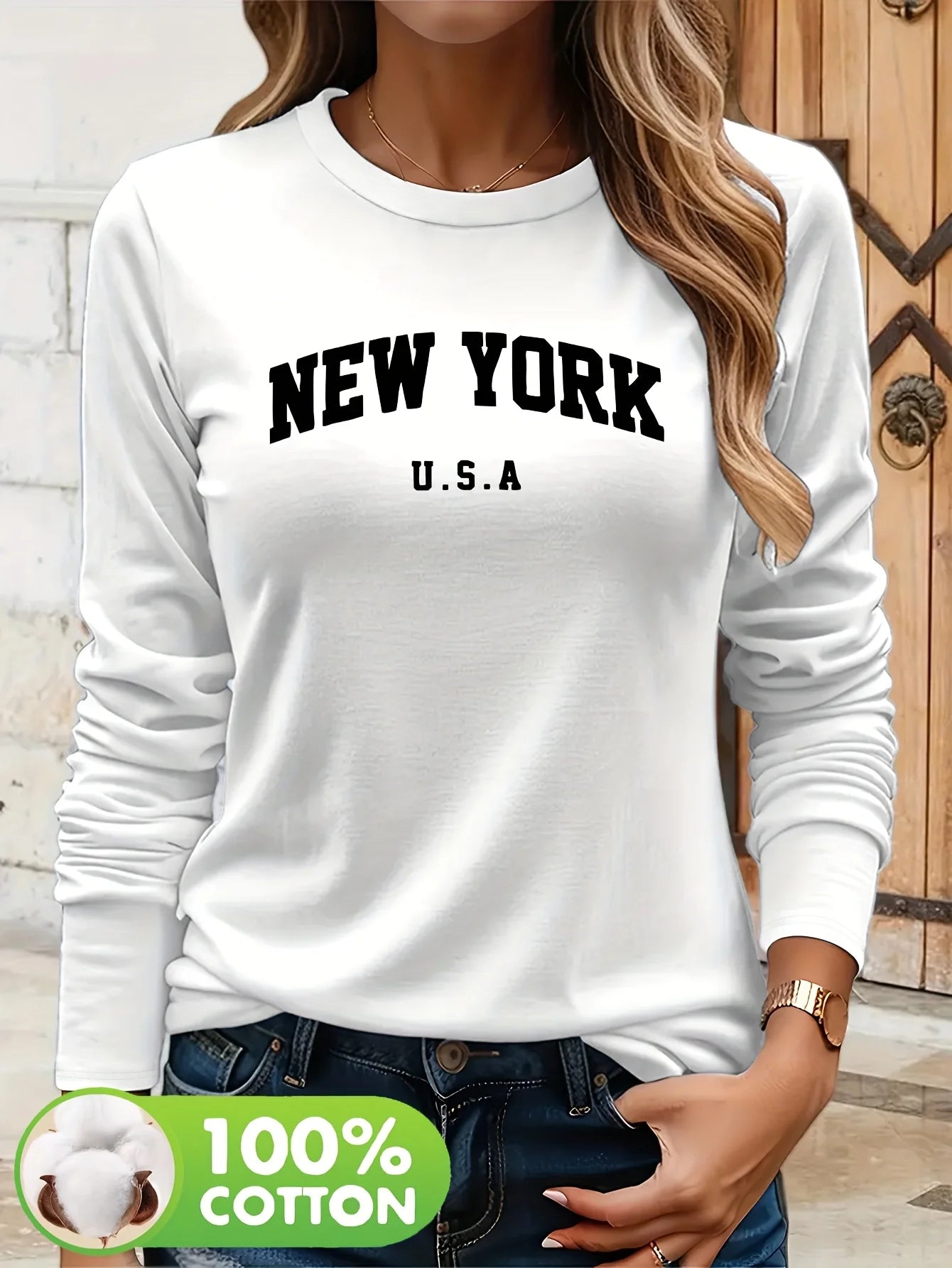 Camiseta de manga larga extragrande de Nueva York 100% algodón para mujer con estampado gráfico Top informal Ajuste cómodo para todas las estaciones para uso informal
