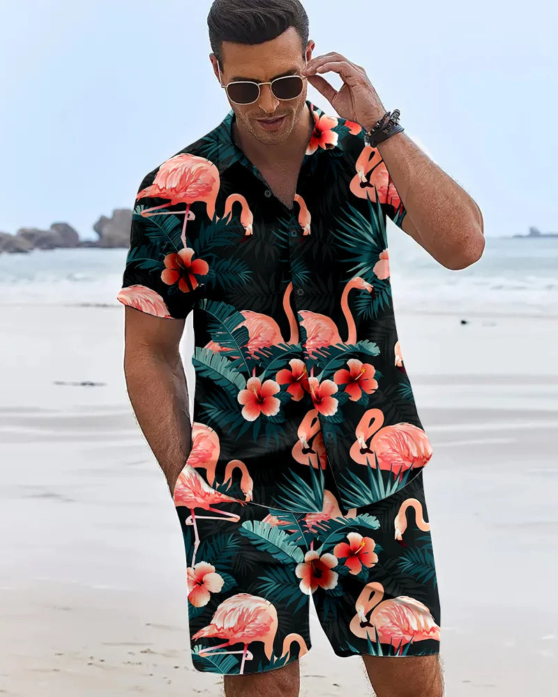 2025 Camisas con estampado de flamencos en 3D para hombre, pantalones cortos hawaianos de manga corta para vacaciones en la playa, conjuntos de moda de tendencia Hip Hop de verano de 2 piezas para hombre