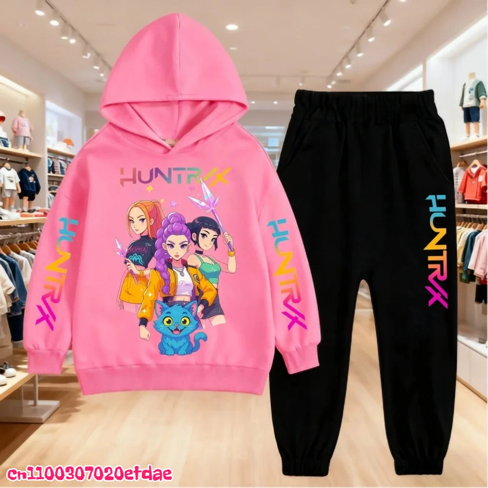 Otoño Invierno Sudadera con capucha para niños KPop Demon Hunters ropa de ocio prendas de vestir exteriores sudadera + Pantalones conjunto 3-12 años niños niñas regalo