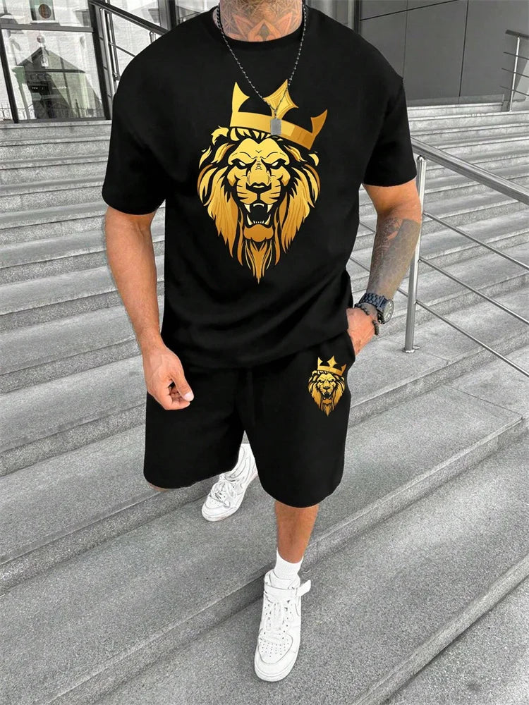 Nueva 2024 Camiseta de manga corta con cuello redondo, conjunto de pantalones cortos de moda con estampado de León en 3D, conjunto de 2 piezas de deportes de verano para hombres