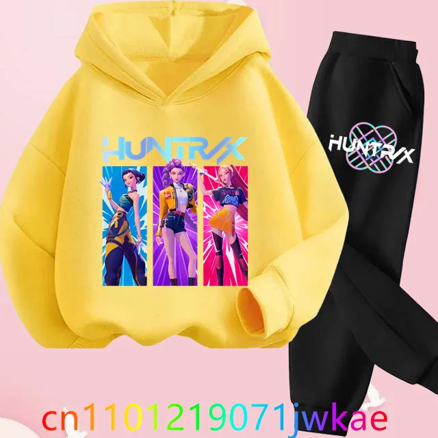 Conjuntos de sudaderas con capucha y pantalones de cazadores de demonios para adolescentes, Sudadera con capucha de película de Anime coreano para niños y niñas, trajes deportivos con capucha de manga larga a la moda