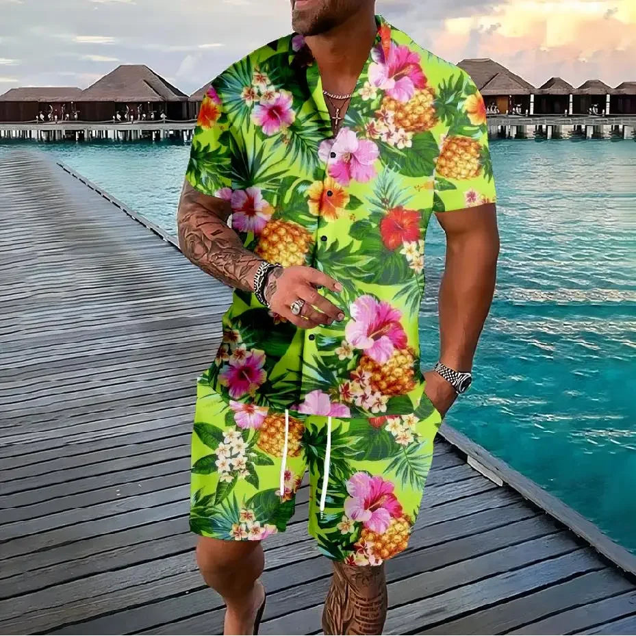 Conjunto Hawaiano 3D Hombre | Camisa y Pantalón Corto Playa