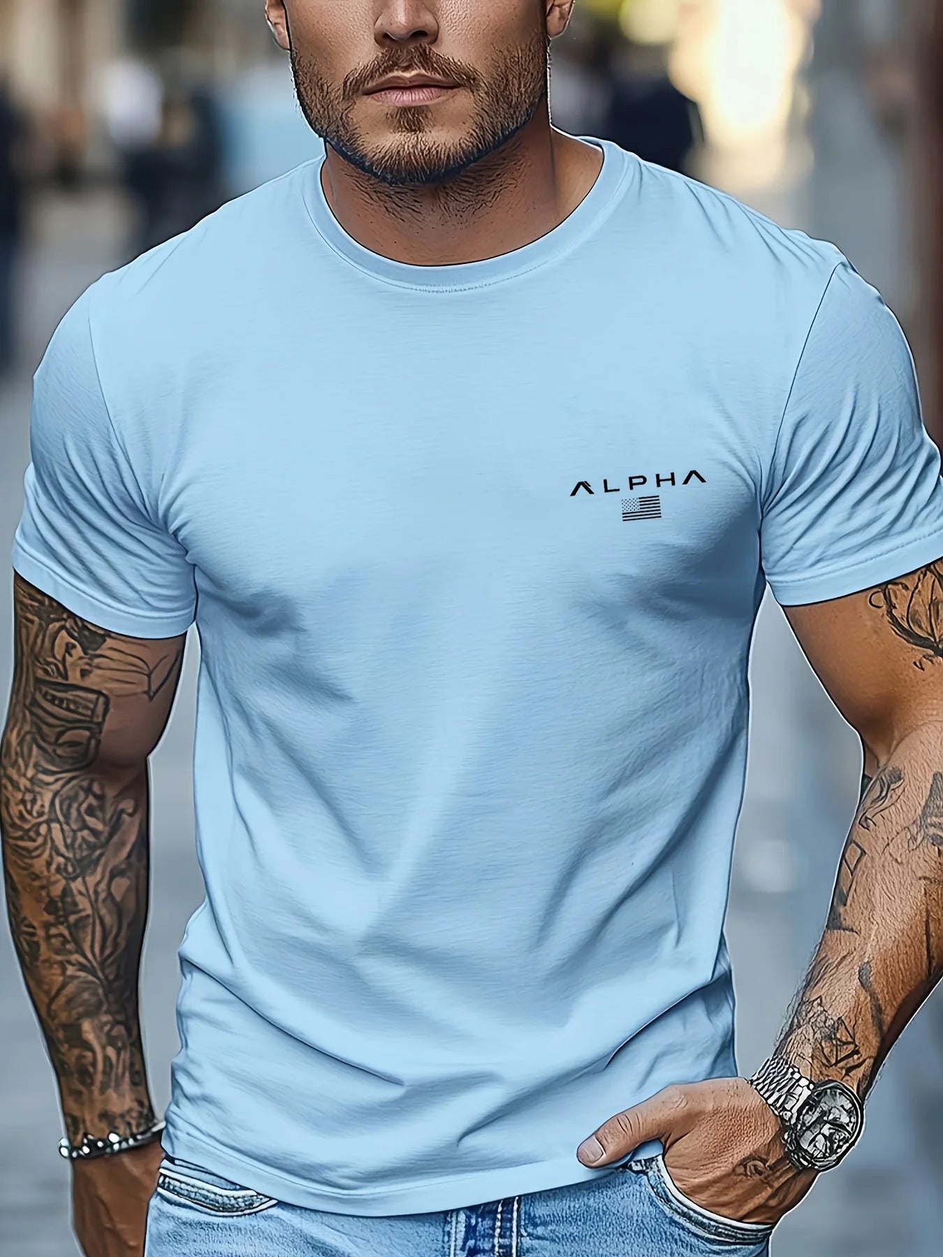 Camiseta de manga corta con cuello redondo y estampado de patrón ALPHA para hombre, 100% de algodón, informal, a la moda, deportiva, holgada, de verano